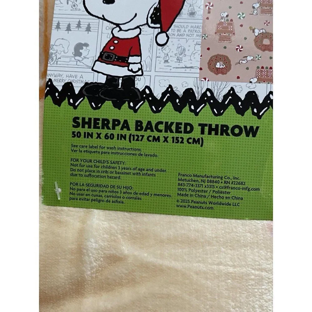 Peanuts Snoopy Sherpa‎ Backed Throw Blanket Gingerbread House Christmas 50X60”